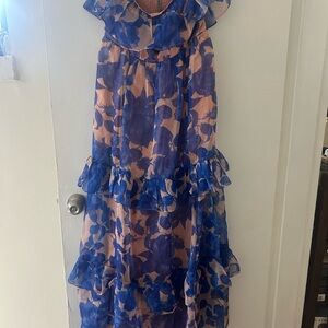 Anthropologie Blue and Tan Floral Maxi Dress